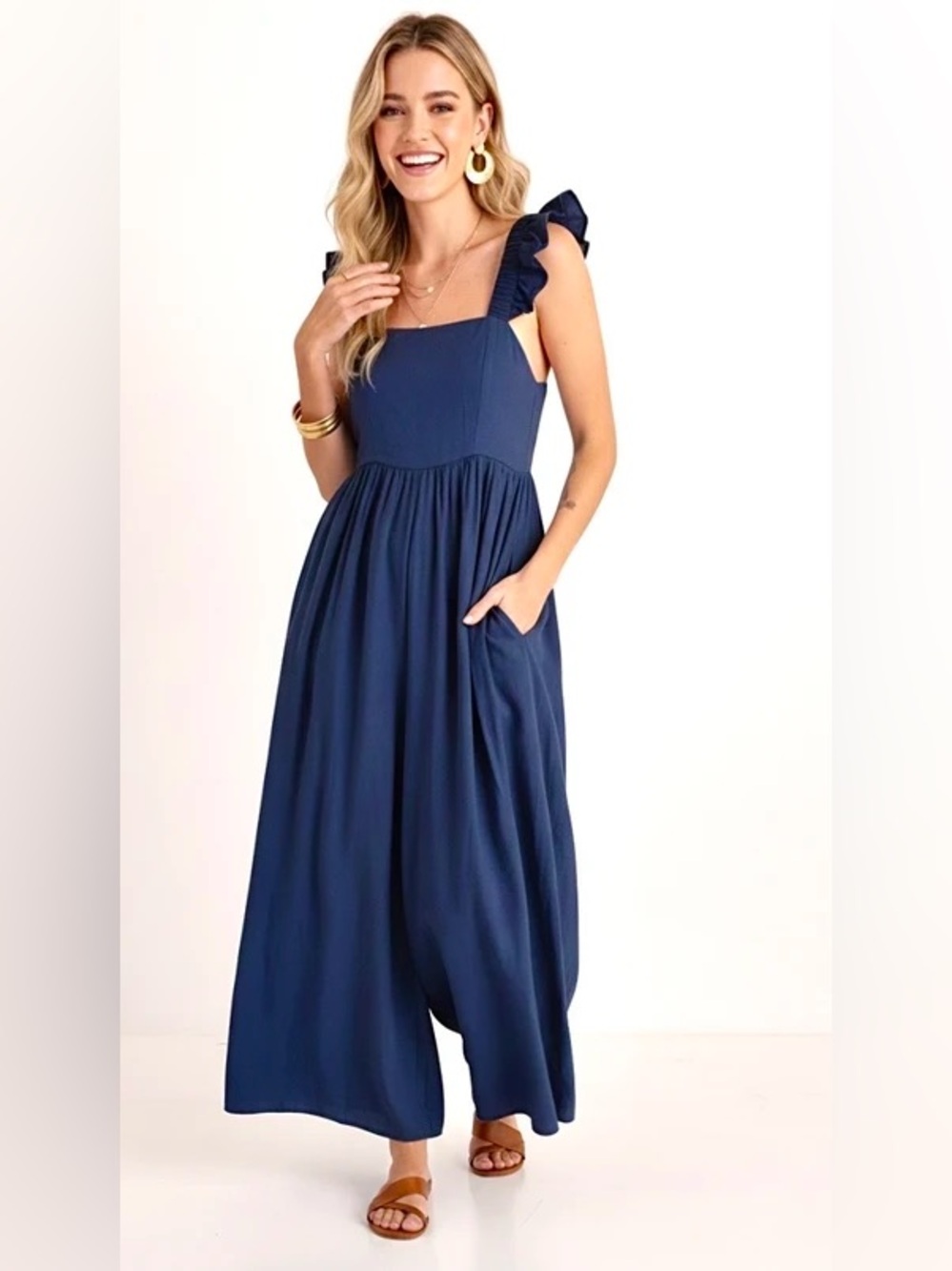 Women's Navy Blue Ruffle Strap Jumpsuit